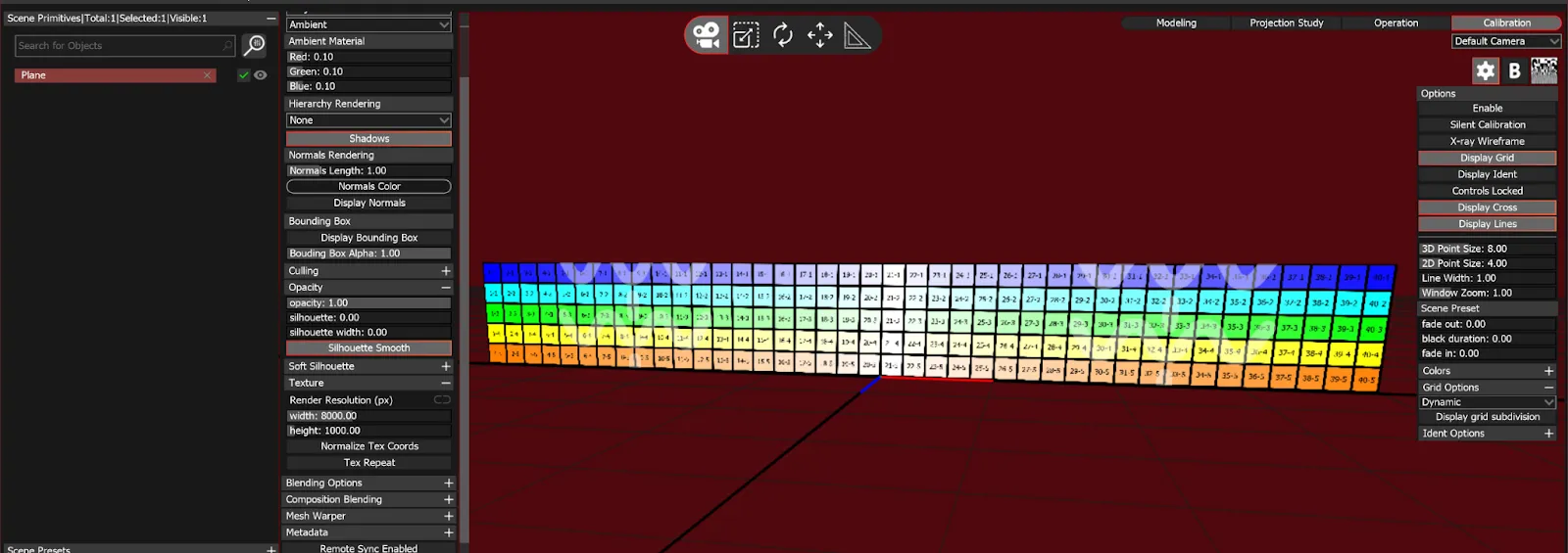 The 3D Scene in Calibration mode, the VYV Grid shown on a wide plane, with Grid Options set to Dynamic in the Options panel.