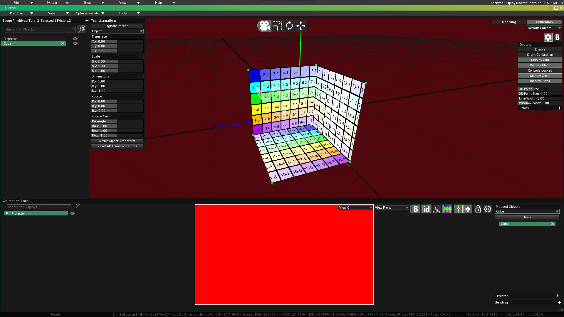 The 3D Scene in Calibration mode: the preview turns red around the cube corner and the Calibration Tools window opens at the bottom.