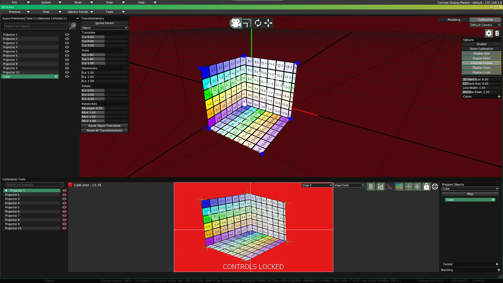 The 3D Scene in Calibration mode with Controls Locked on: CONTROLS LOCKED shows in the preview and the padlock is closed.