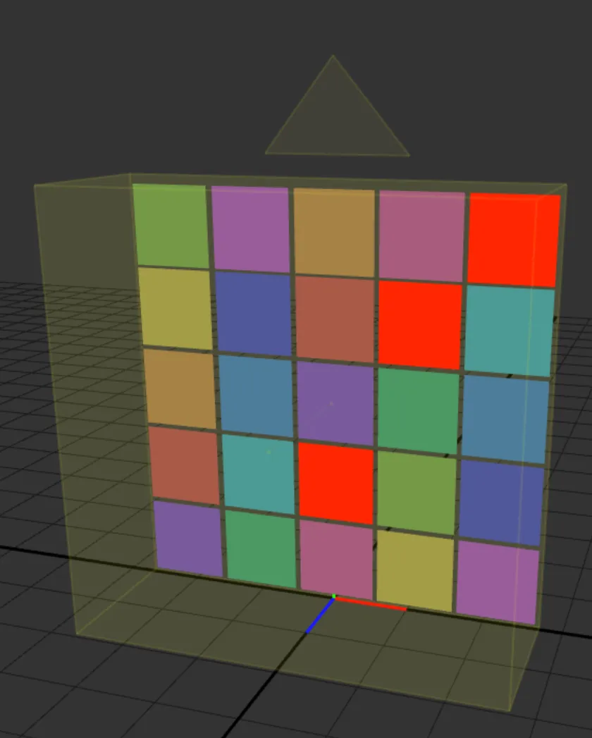 The 3D Scene, with each of the 25 screens displaying its own coloured test media.