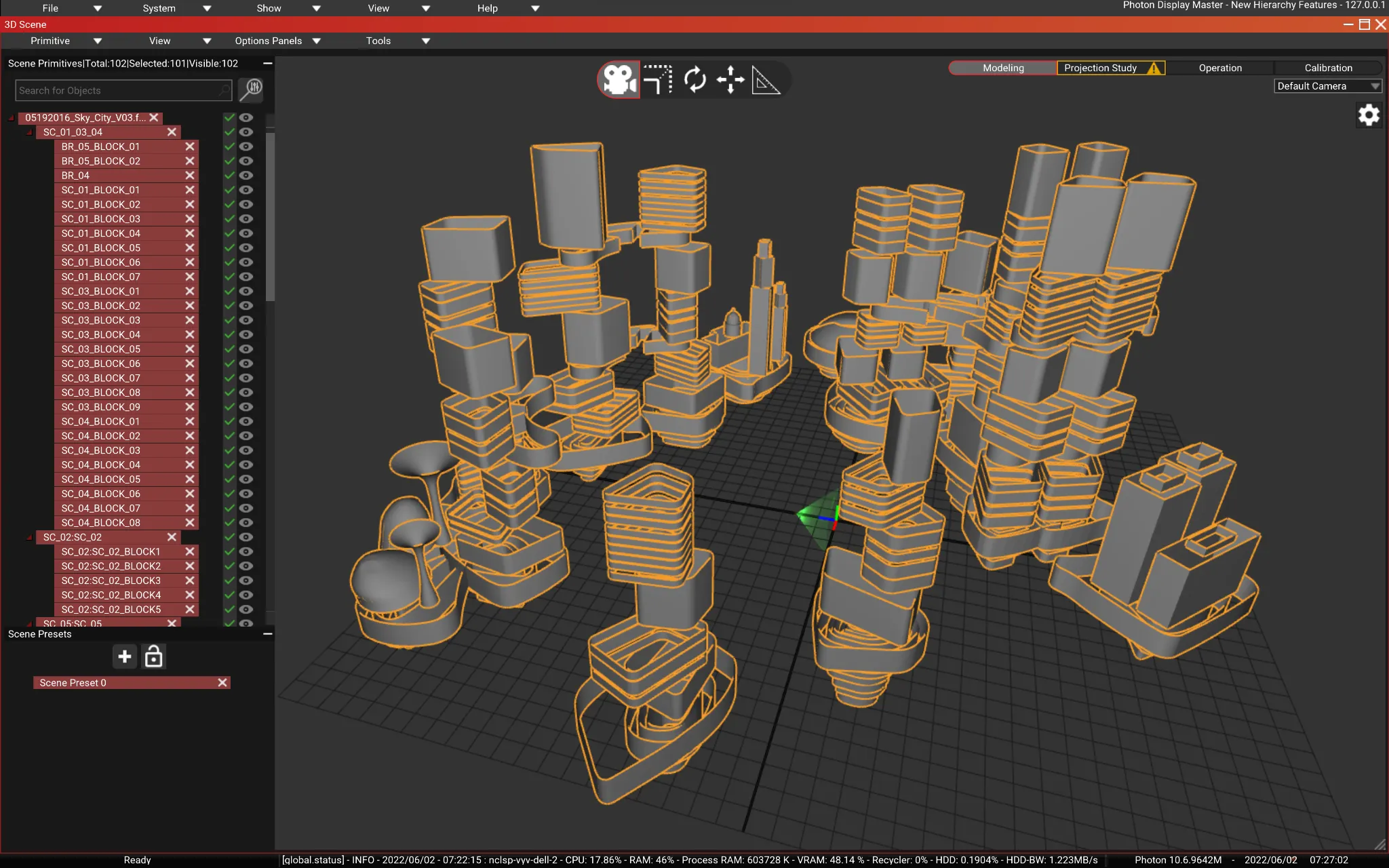 The 3D Scene with the flying city loaded: Scene Primitives lists each block as its own object, 101 of 102 selected and outlined in orange.