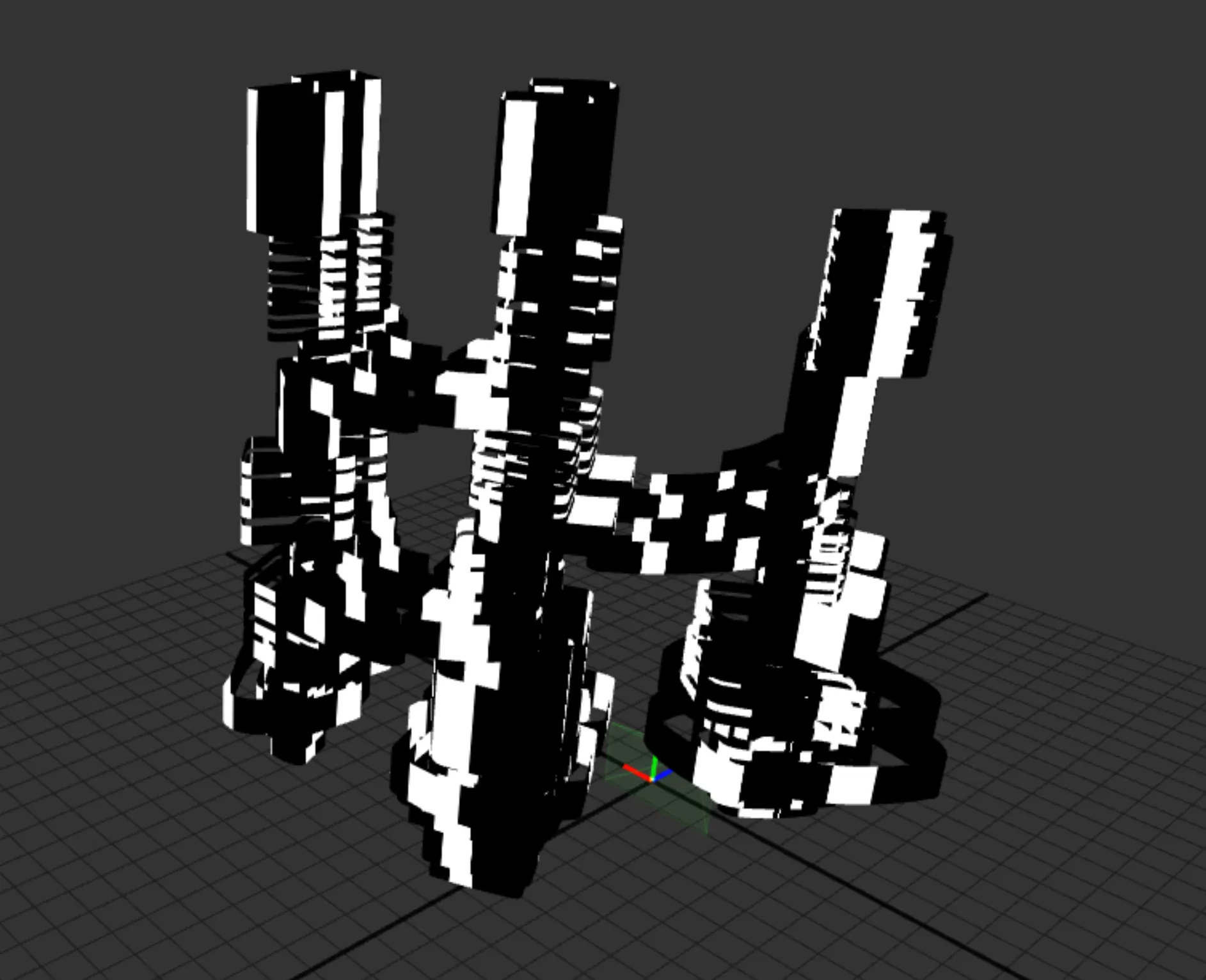 The 3D Scene preview, where the separate blocks of the hierarchy all carry the same black and white striped texture.