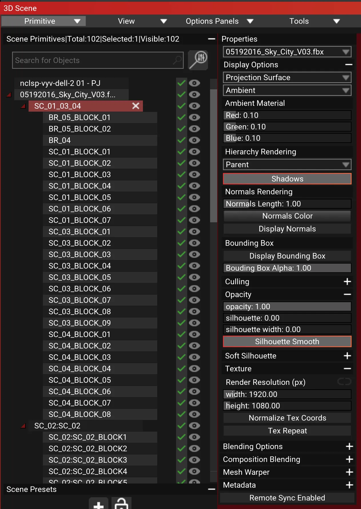The 3D Scene with the parent SC_01_03_04 selected above its child blocks, and Hierarchy Rendering set to Parent in the Properties panel.