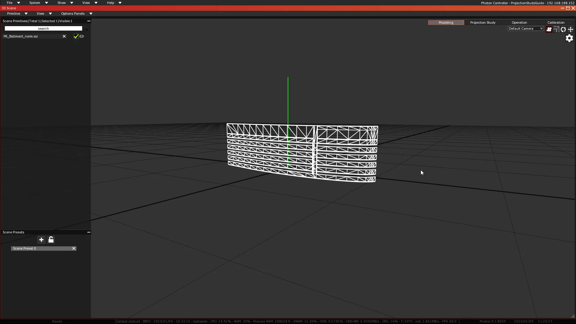 The 3D Scene after the drag and drop, with the imported .xsi model listed in Scene Primitives and shown as a curved wireframe facade.