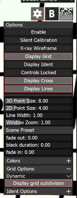 The 3D Scene Options panel opened from the gear icon, with Grid Options at the bottom set to Dynamic.
