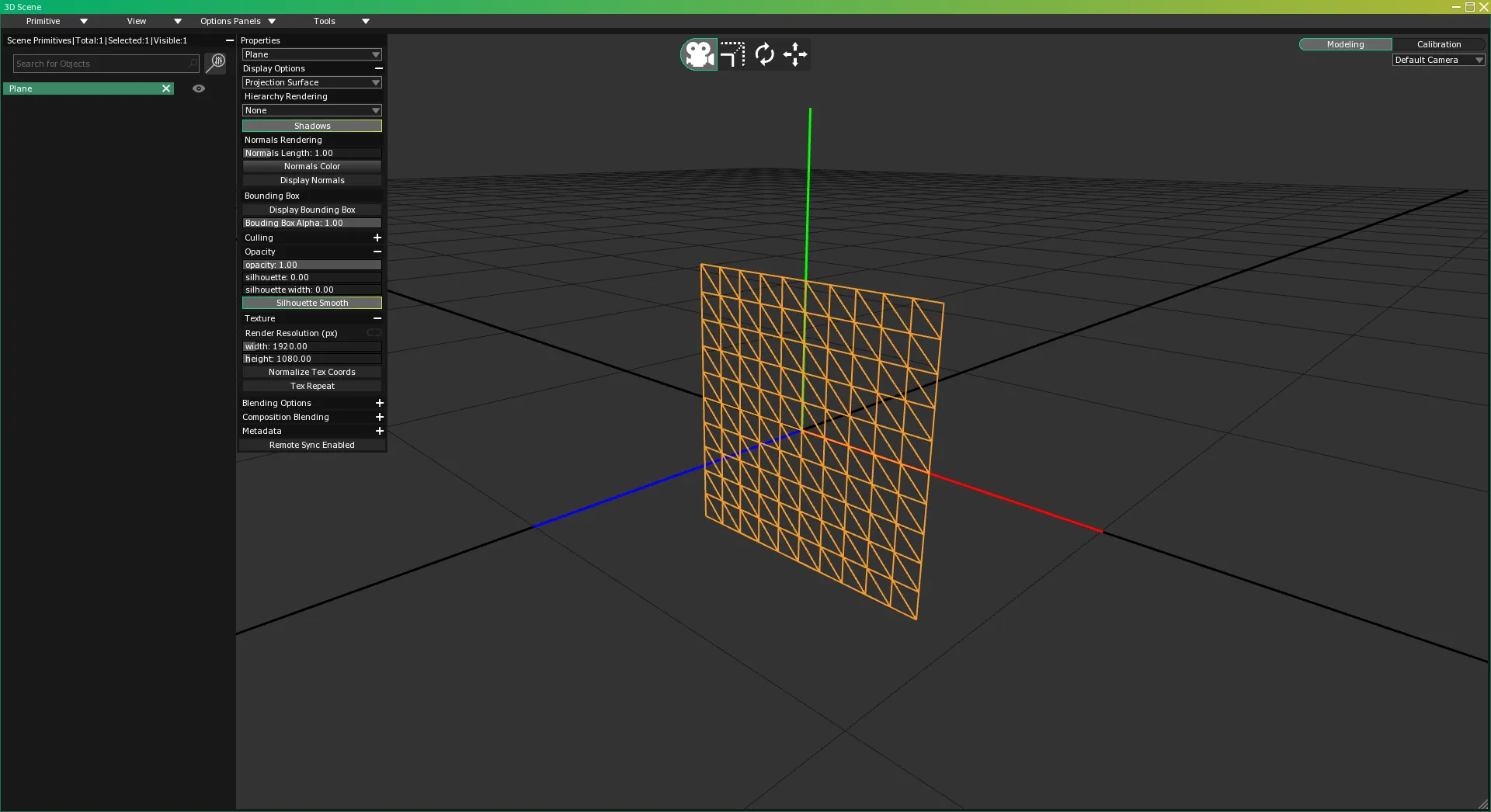 The 3D Scene with the new Plane listed in Scene Primitives, set as a Projection Surface and drawn as an orange wireframe.