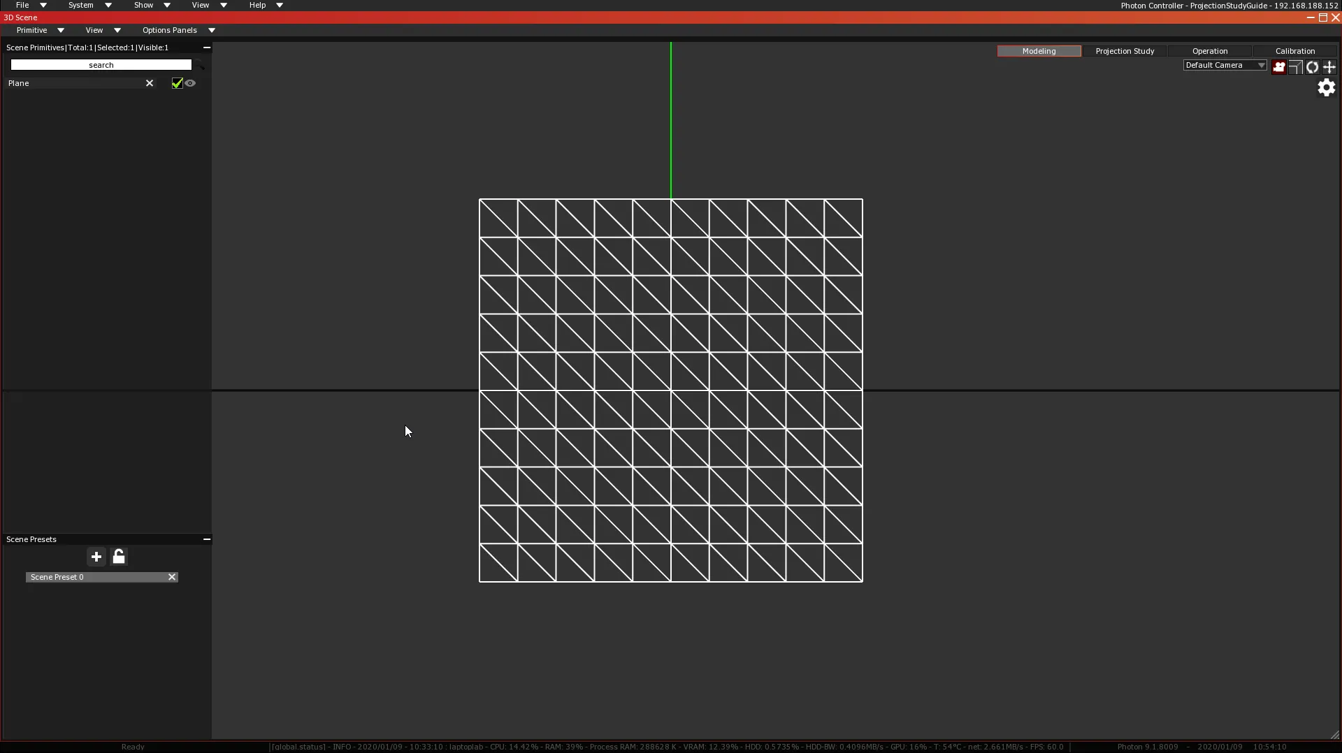 The 3D Scene in Modeling mode, with a Plane listed in Scene Primitives and shown face-on as a white wireframe.