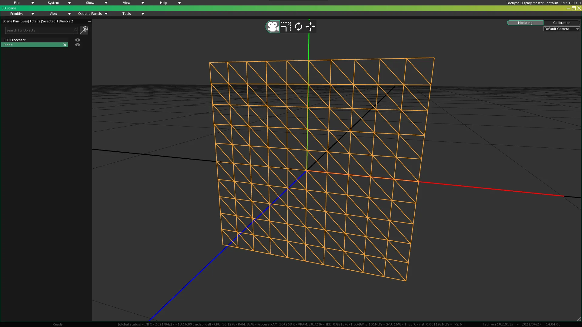The 3D Scene in Modeling mode, with a Plane selected in Scene Primitives and its orange wireframe at the origin of the preview.
