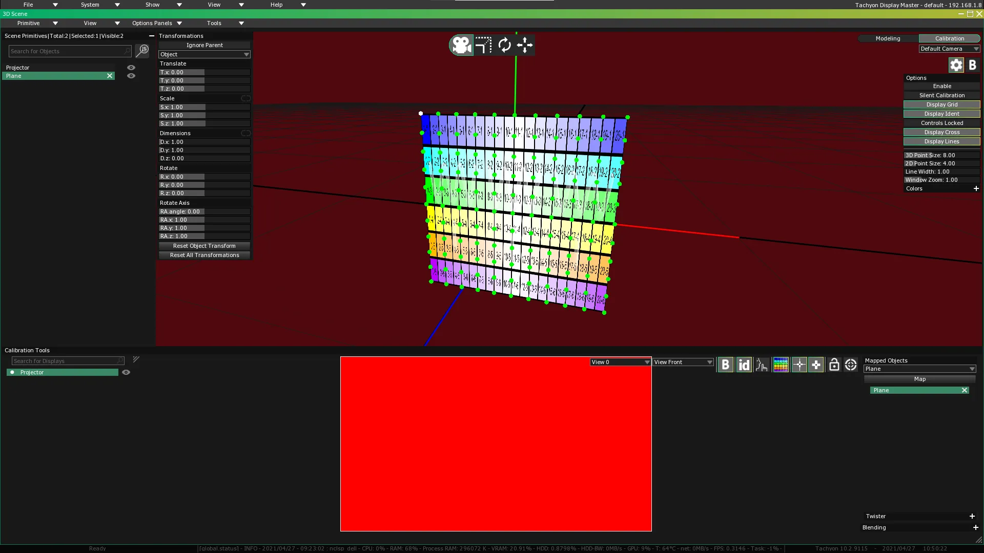 The 3D Scene in Calibration mode, with the plane listed under Mapped Objects and covered by green dots at its vertices.