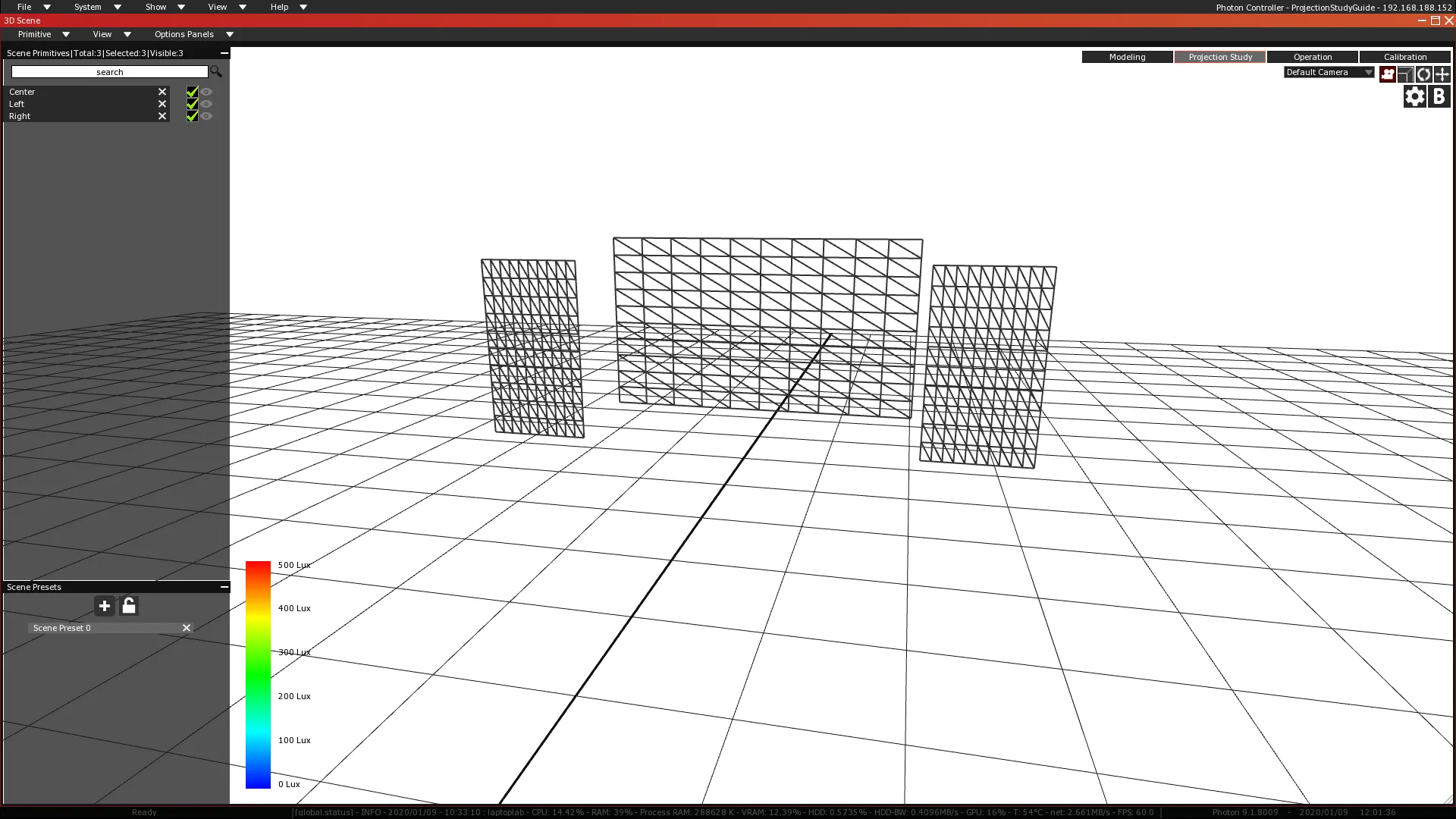 The 3D Scene in Projection Study mode, its background turned white, with the Center, Left and Right Screens and a 0 to 500 Lux scale.