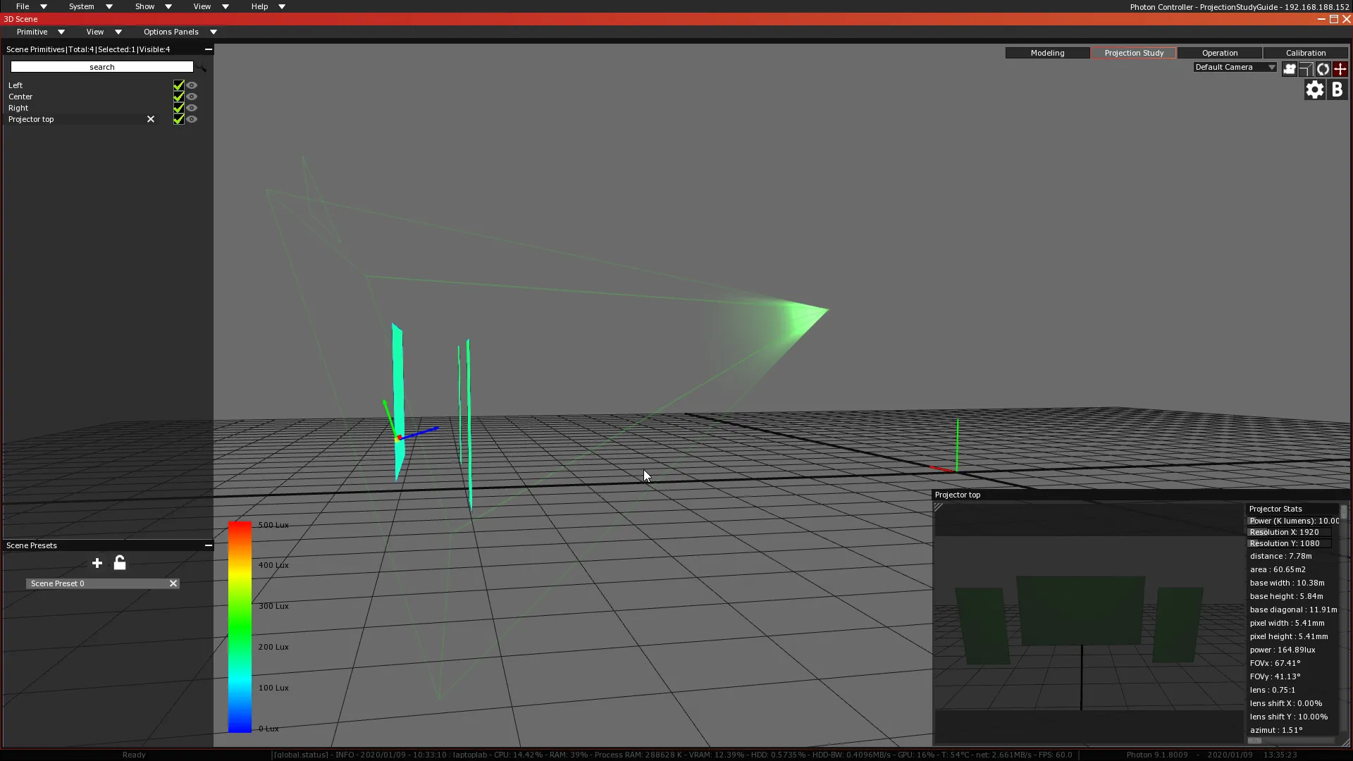 The 3D Scene with the Projector's target selected, its axis arrows shown at the base of the green pyramid by the Screens.