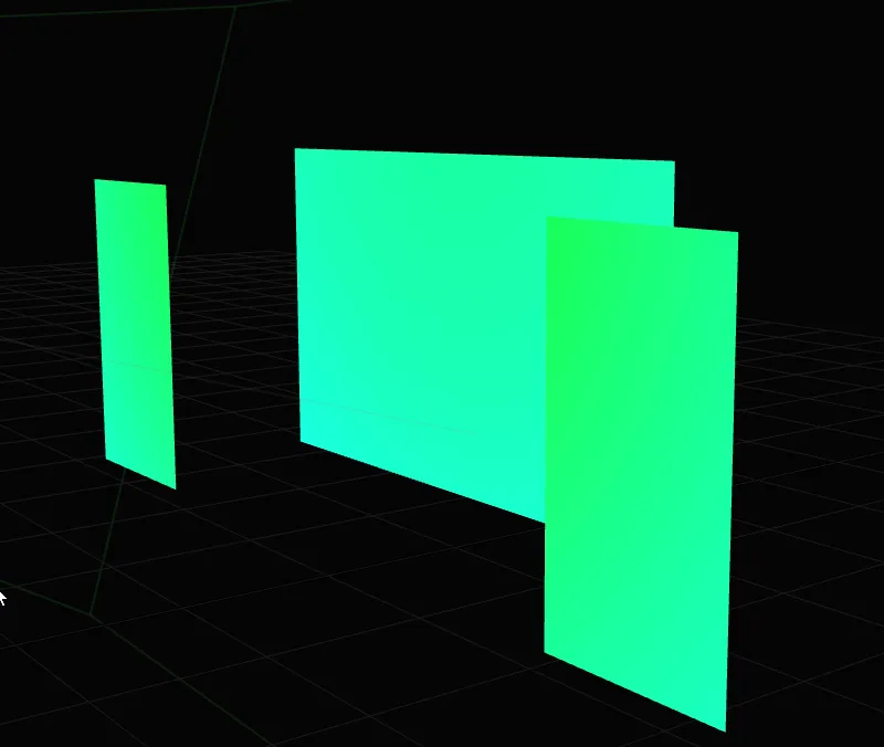The three Screens lit in green and cyan once the Projector's pyramid is extended far enough to reach them.