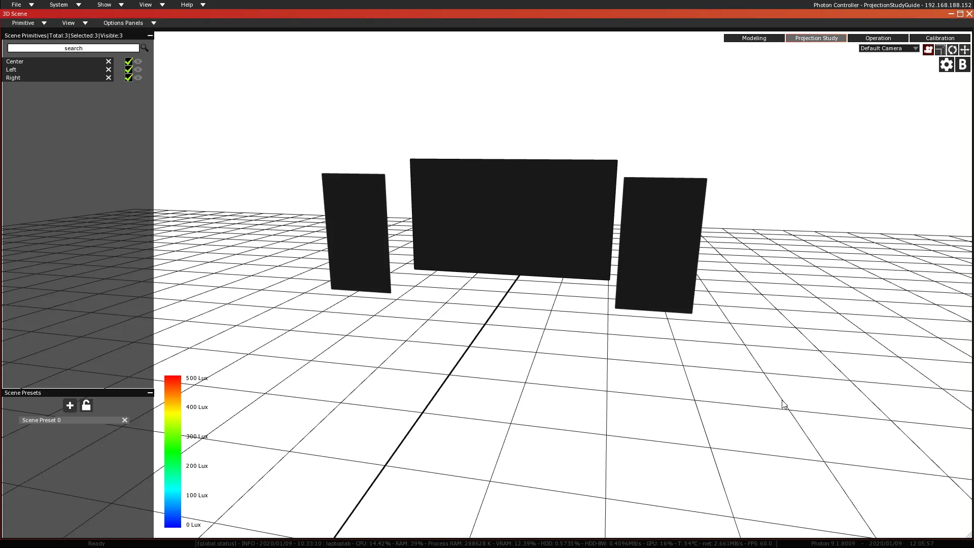 The 3D Scene after the rendering mode change, with the three Screens drawn as solid black surfaces instead of wireframes.
