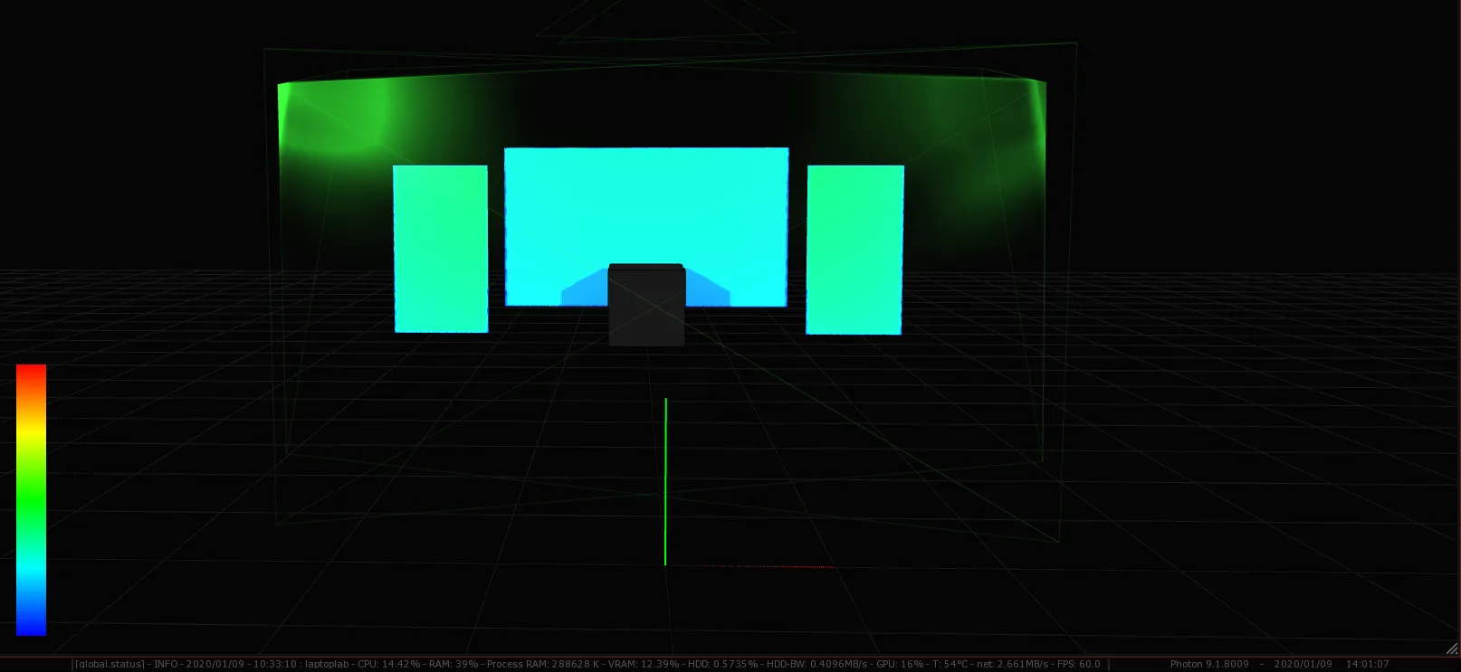 The 3D Scene with the Screens in heatmap hues from blue to green, and a Cube casting a shadow on the center Screen.