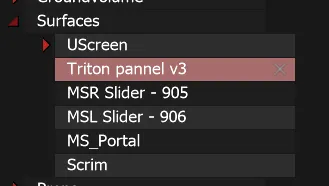 The Surfaces list of the 3D scene, where the object is still named Triton pannel v3 after the Timeline rename.