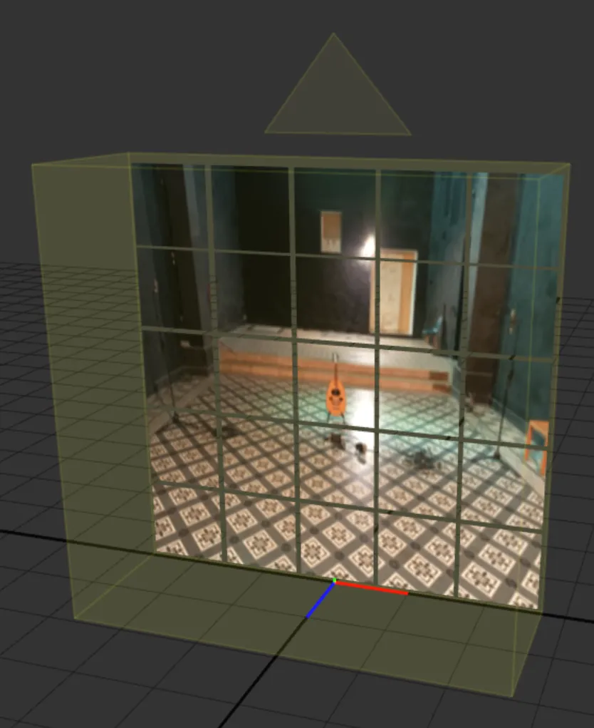 The 3D Scene, with the root source image projected by the orthographic Virtual Projector across the 25 screens.