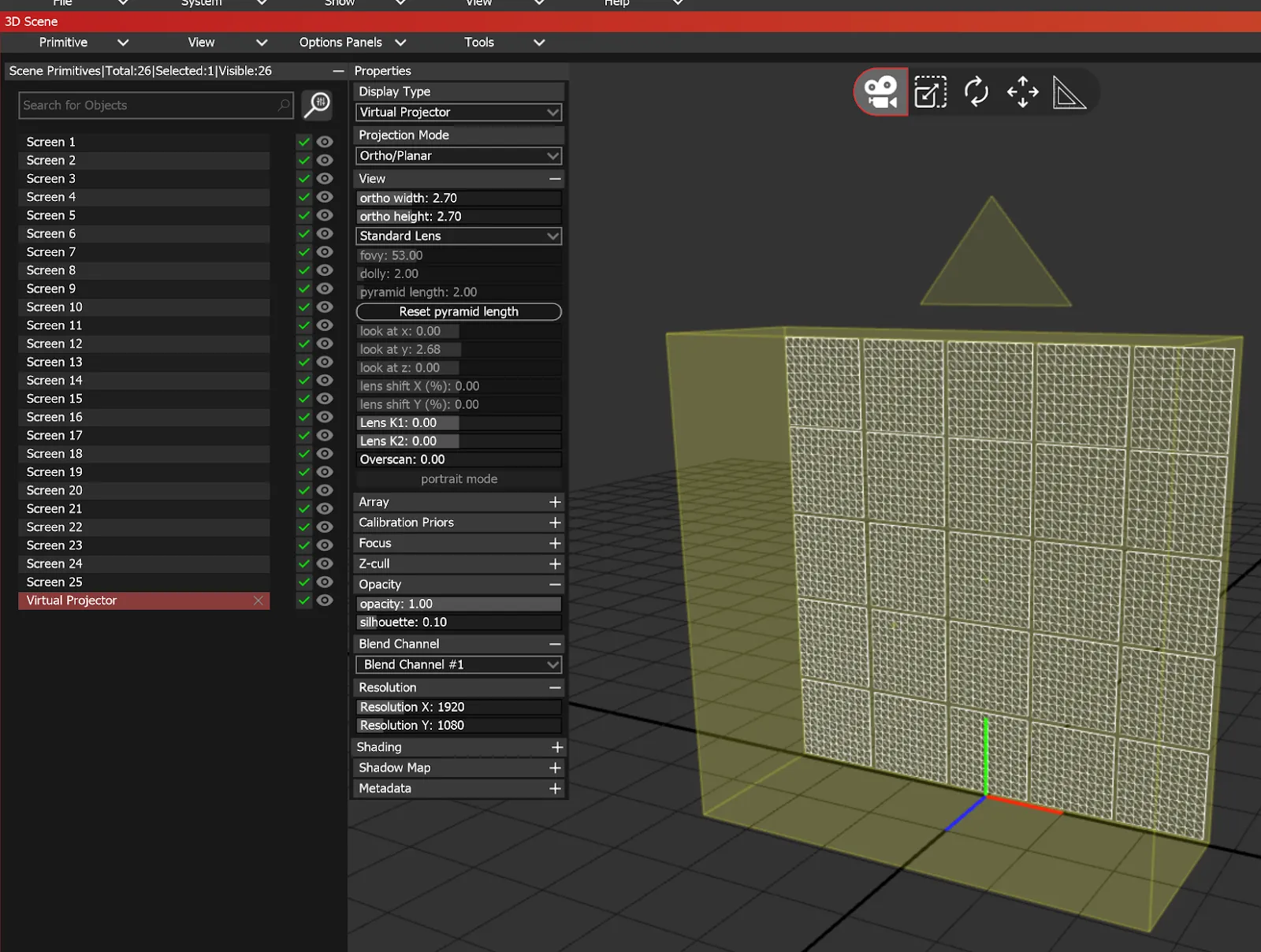 The 3D Scene module with Screen 1 to Screen 25 and a Virtual Projector selected, its Projection Mode set to Ortho/Planar.