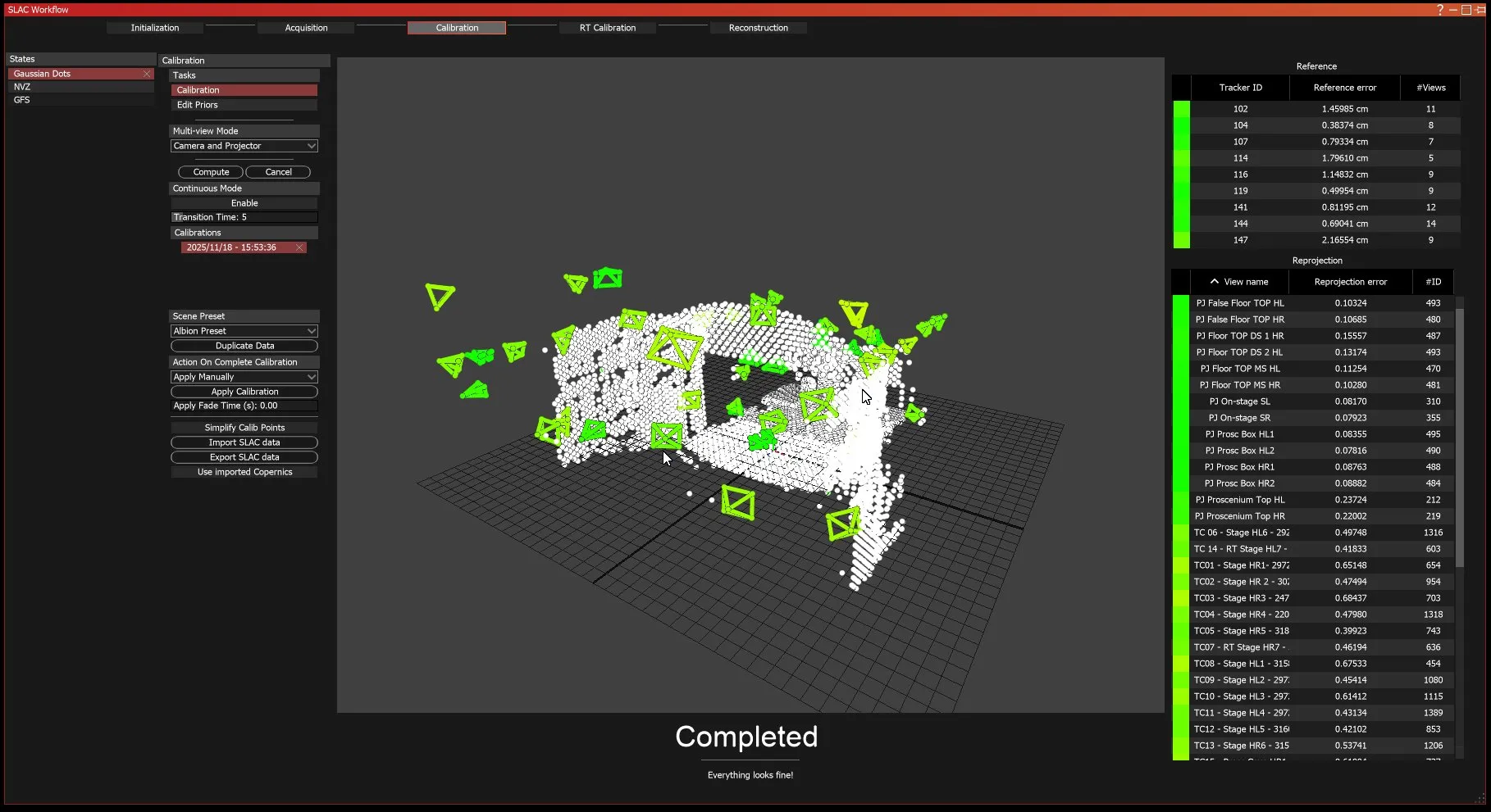 the calibration software showing a point cloud of the stage ringed by green camera and projector frustums, every reprojection error in green