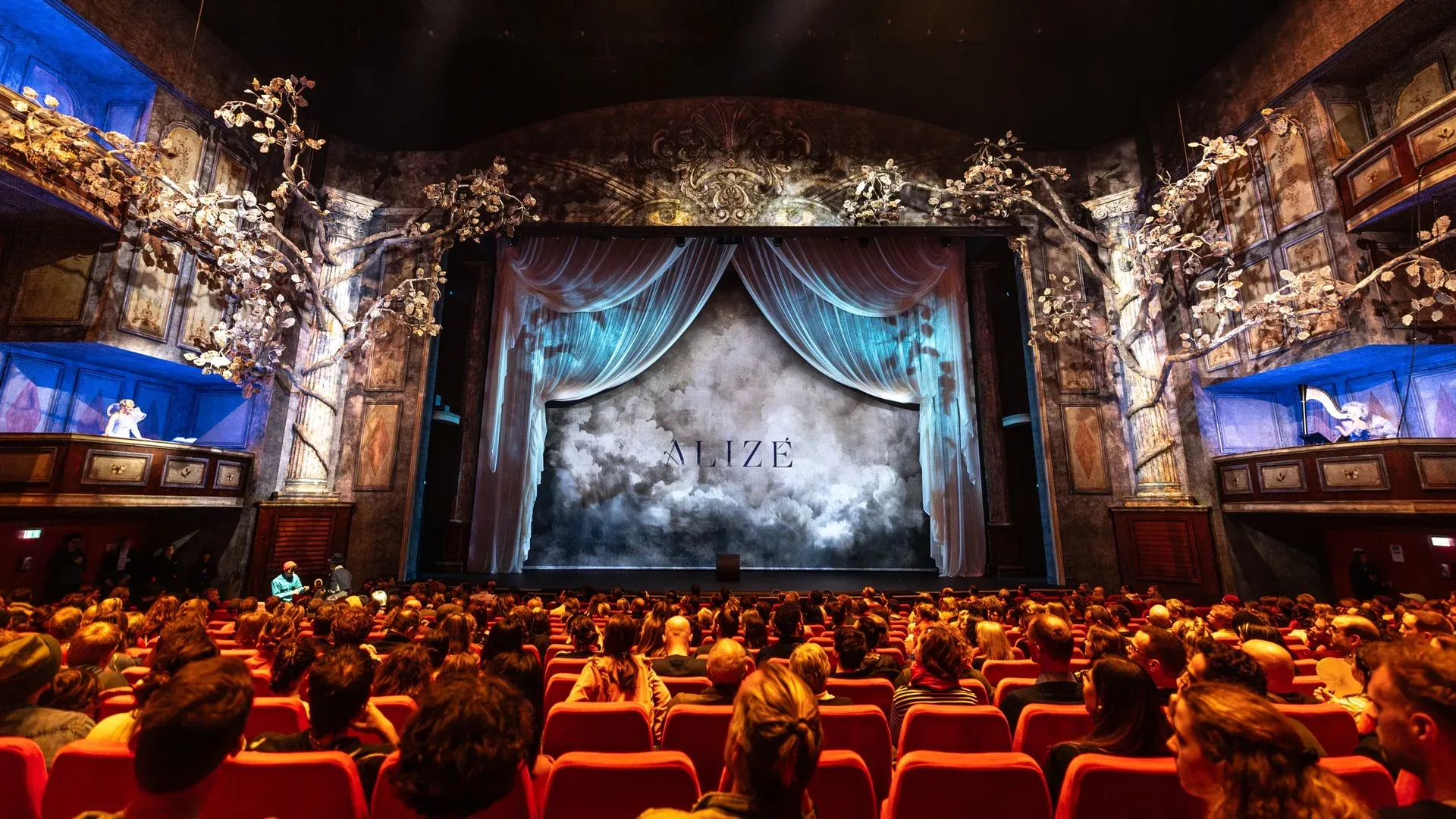 the audience in red seats facing the stage before the show, the curtain showing clouds and the word Alizé, branches of white leaves climbing the painted walls and boxes on each side
