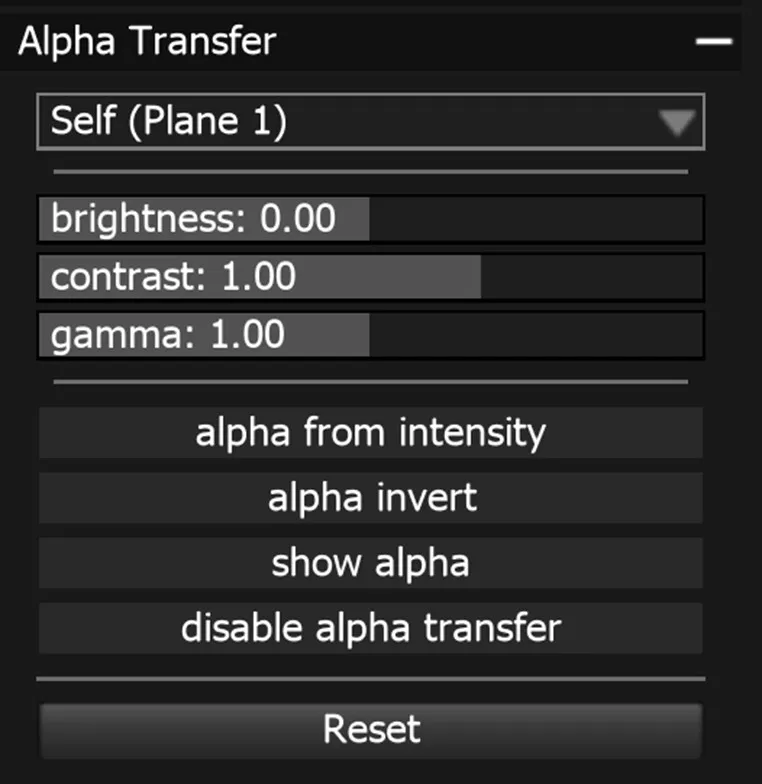 The Alpha Transfer section set to Self (Plane 1), with brightness, contrast and gamma sliders, four alpha toggles and a Reset button.