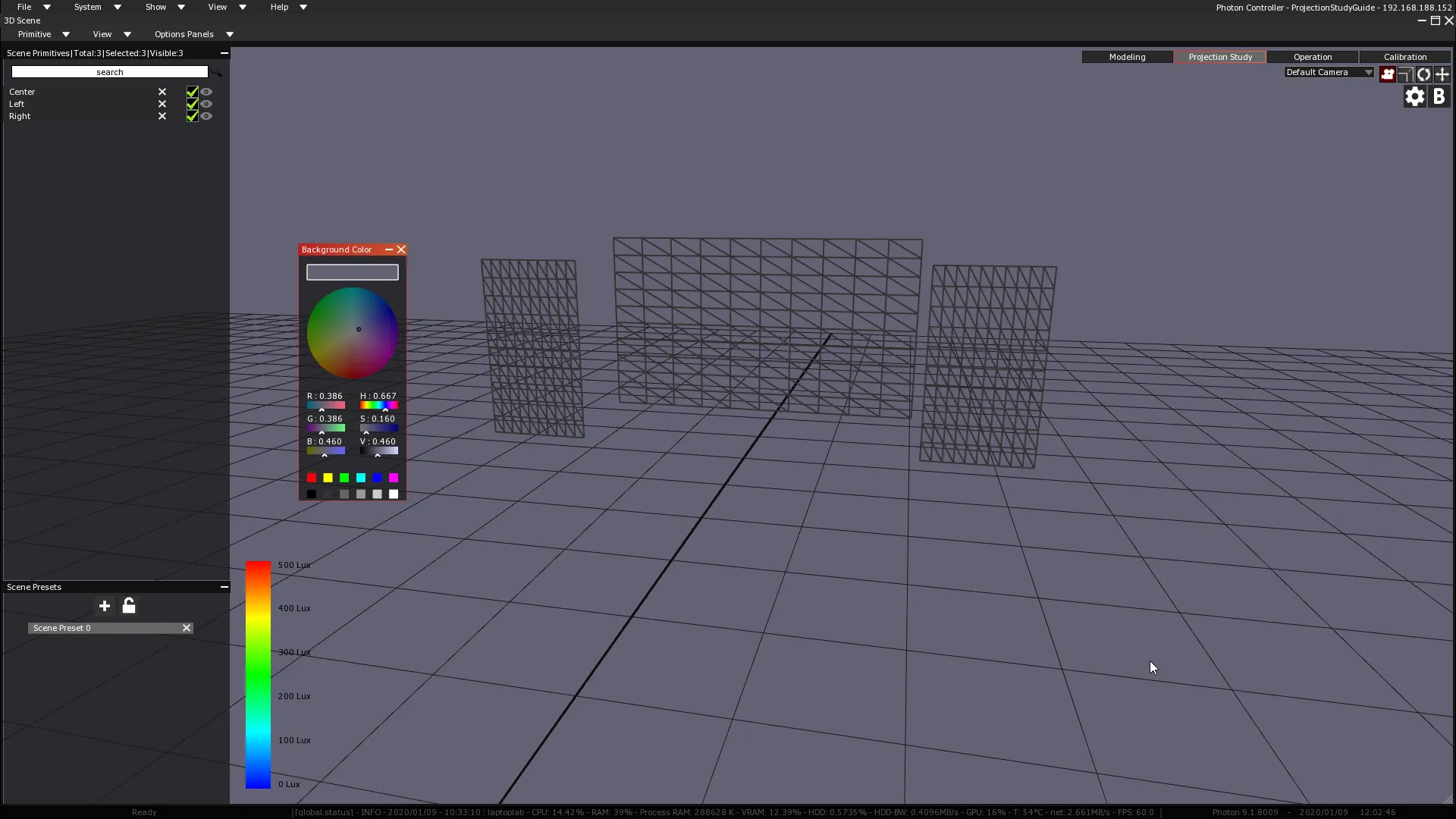 The Background Color window over the 3D Scene, its sliders set so the Projection Study background turns grey.