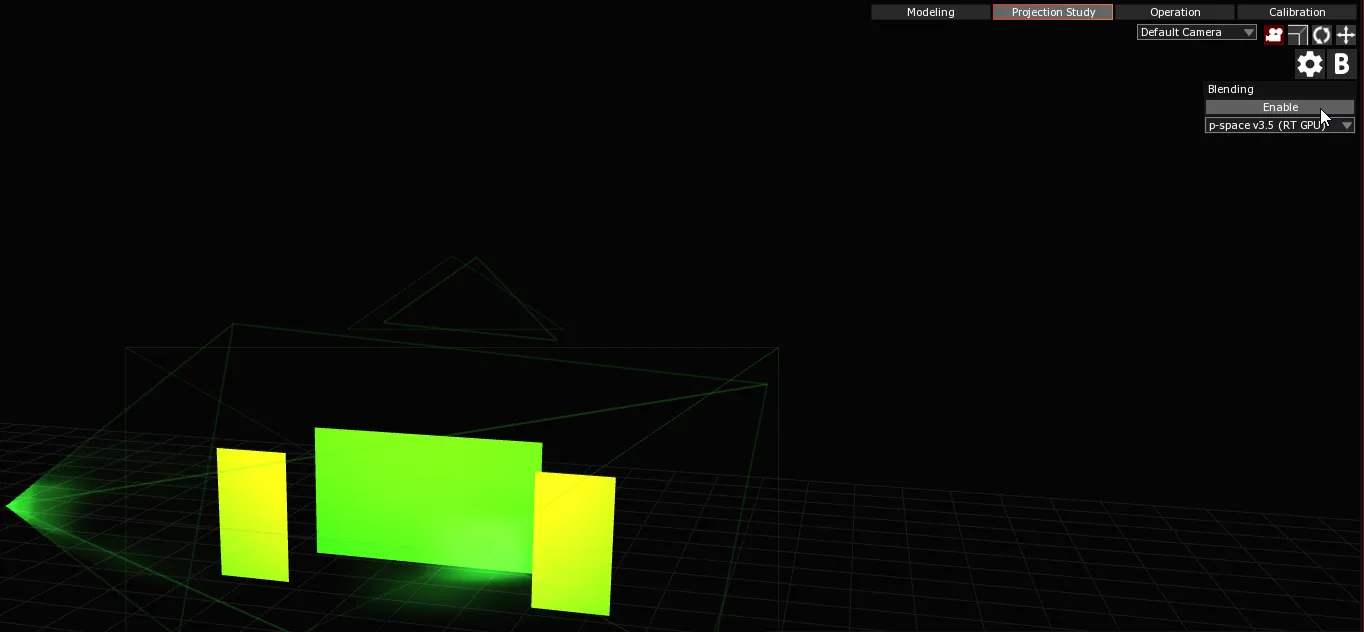 The Blending panel opened with the B button, its Enable toggle turned off so projector overlaps show on the Screens.