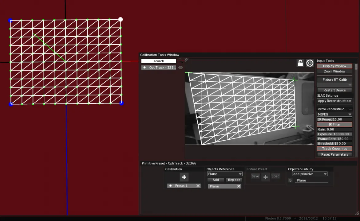 The Calibration Tools Window, its camera view showing the Plane mesh fitted onto the real surface by its corner Calibration Points.