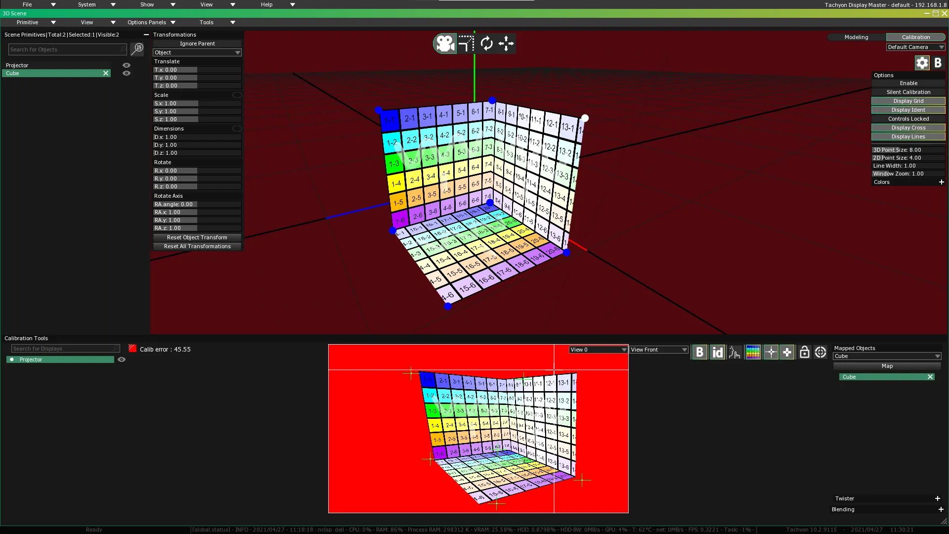 Calibration Points on the cube corner and their green crosses in the Calibration Tools preview, white lines marking the selected one.