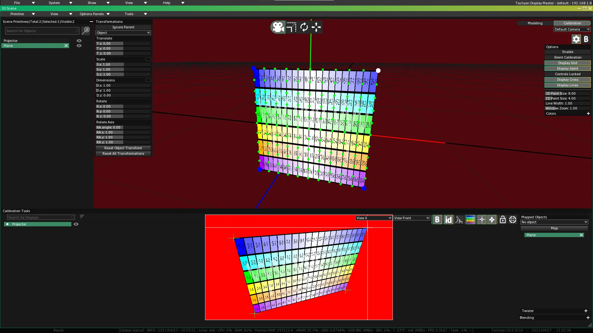 The 3D Scene with four Calibration Points on the plane, their green crosses moved in the Calibration Tools preview to reshape the image.