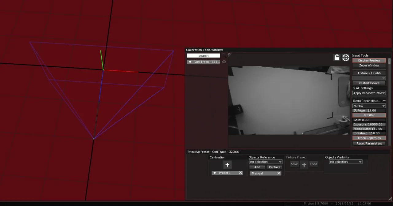 The Calibration Tools Window of camera OptiTrack - 32366, with Apply Reconstruction Settings selected under SLAC Settings.