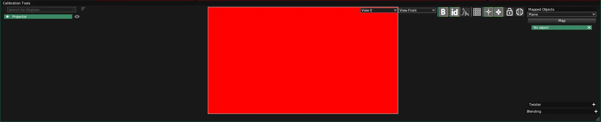 The Calibration Tools window, with the Projector entry selected, a red preview, and No object yet under Mapped Objects.