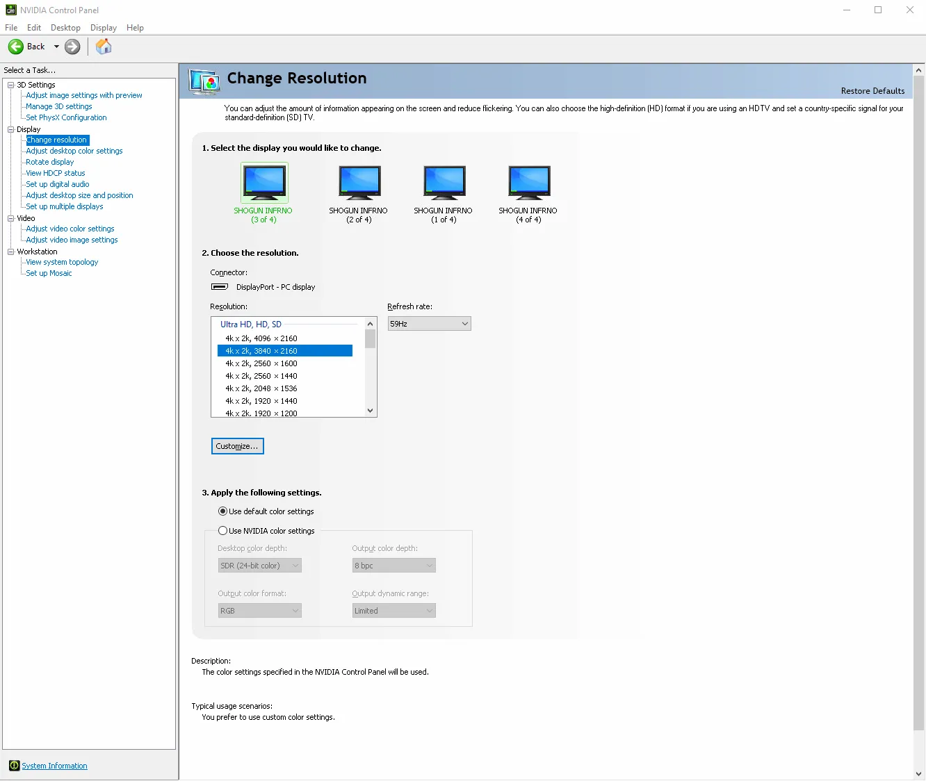 NVIDIA Change Resolution: one of four displays selected, 3840 × 2160 at 59 Hz, default color settings.