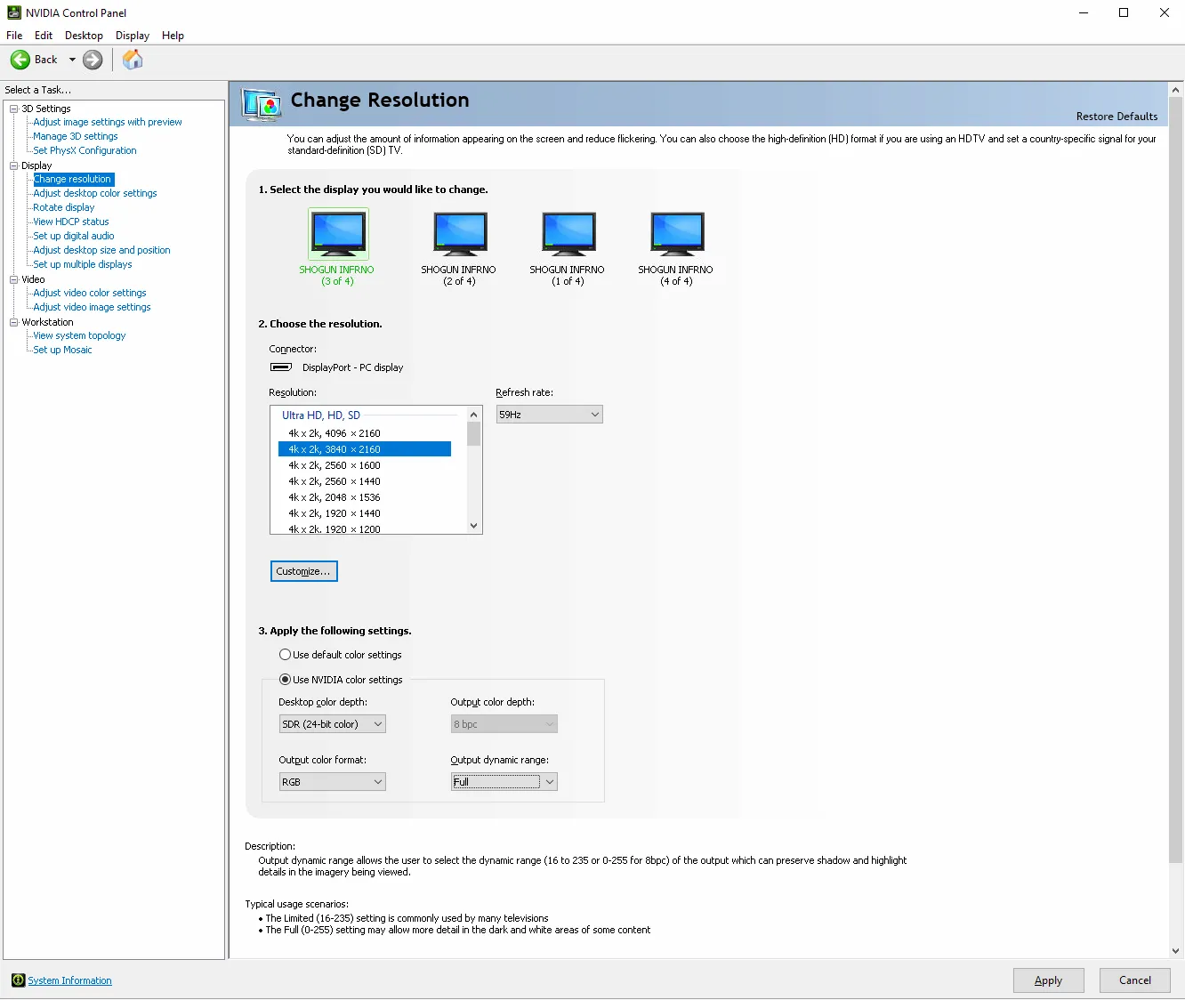 NVIDIA Change Resolution with Use NVIDIA color settings chosen and the Output dynamic range set to Full.