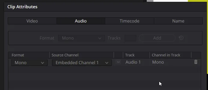 The Audio tab of the Clip Attributes window, with Format set to Mono and Source Channel set to Embedded Channel 1.