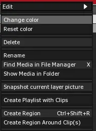 The Clip contextual menu, with Change color highlighted and Reset color just below it.
