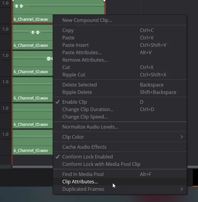 The right-click menu of the 6_Channel_ID.wav clips on the timeline, with Clip Attributes highlighted near the bottom.