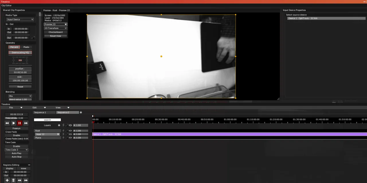 The Clip Editor of an Input Device clip, with Device 1 : OptiTrack - 32366 selected as source in Input Device Properties.