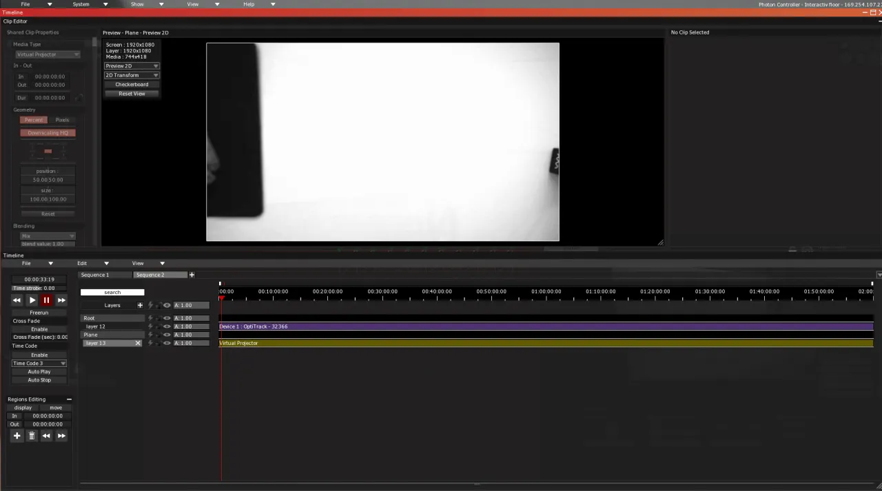 The Clip Editor of a Virtual Projector clip on layer 13 under Plane, its Preview 2D showing the calibrated camera's point of view.