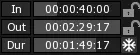 A clip's time sliders, In, Out and Dur, each a timecode in hours, minutes, seconds and frames.