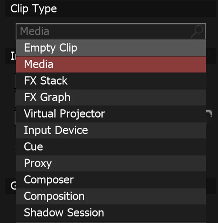 The Clip Type dropdown open with Media highlighted, among eleven clip types from Empty Clip, FX Stack and FX Graph to Shadow Session.