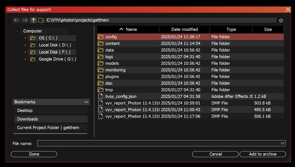 The Collect files for support dialog on the project folder, config selected, with Add to archive at bottom right and Done at bottom left.