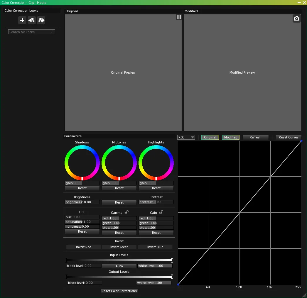 The Color Correction window opened from the main menu, both previews empty and every parameter at its default value.