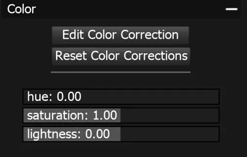 The Color section with hue, saturation and lightness sliders exposed from the Color Correction module, ready to be animated.