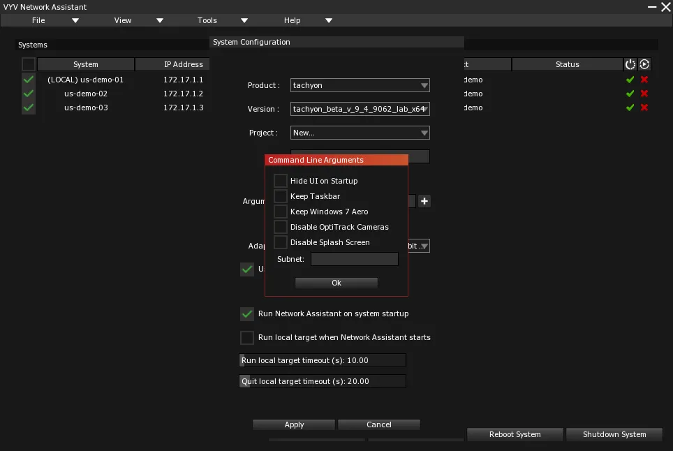 The Command Line Arguments dialog: Hide UI on Startup, Keep Taskbar, Disable Splash Screen and a subnet field.