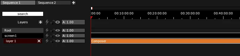 A Composer Clip on layer 1 of screen1 in the Timeline, drawn in its default orange.