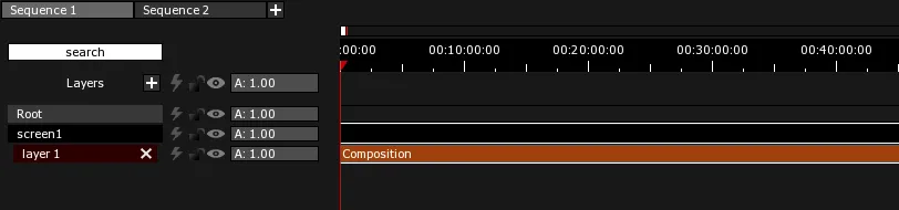 A Composition Clip on layer 1 of screen1 in the Timeline, drawn in its default brown.