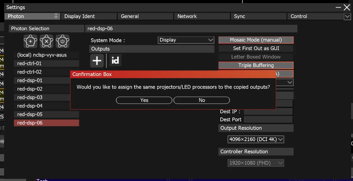 The Confirmation Box asking whether to assign the same projectors/LED processors to the copied outputs, with Yes and No.