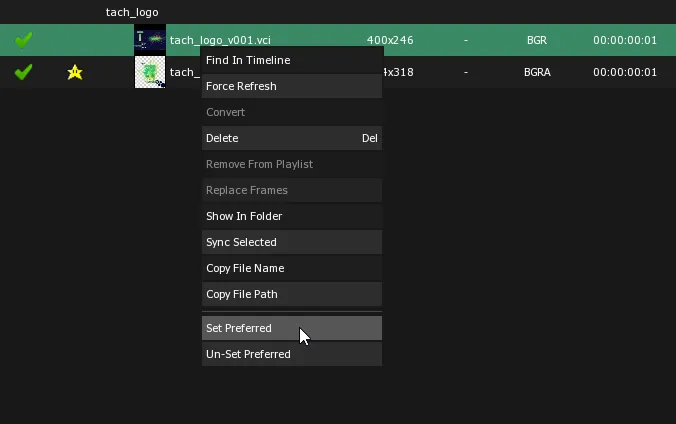The File Manager contextual menu on tach_logo_v001.vci, with the pointer on Set Preferred, just above Un-Set Preferred.