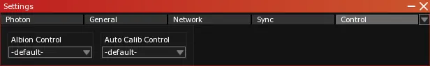The Control tab of the Settings module, with the Albion Control and Auto Calib Control dropdowns both on -default-.