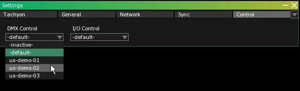 The Control tab of the Settings module, the DMX Control dropdown open on -inactive-, -default- and servers us-demo-01 to 03.